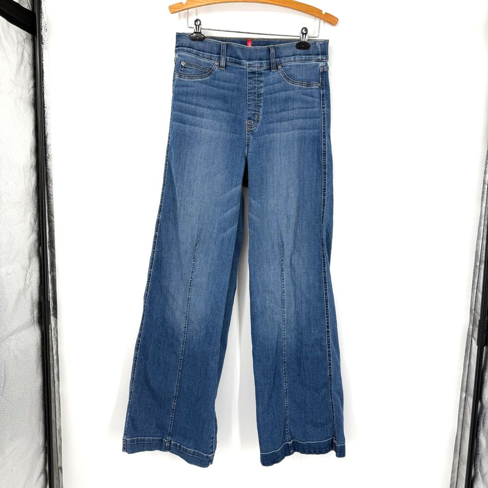 Spanx Wide Leg Jeans Blue Denim High Rise Seamed Front Womens Size L
